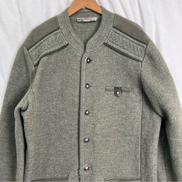 Vintage Mens Cardigan Alphorn Trachtenmode Von Alder Worsted Wool Green Size 52 - Picture 2 of 16